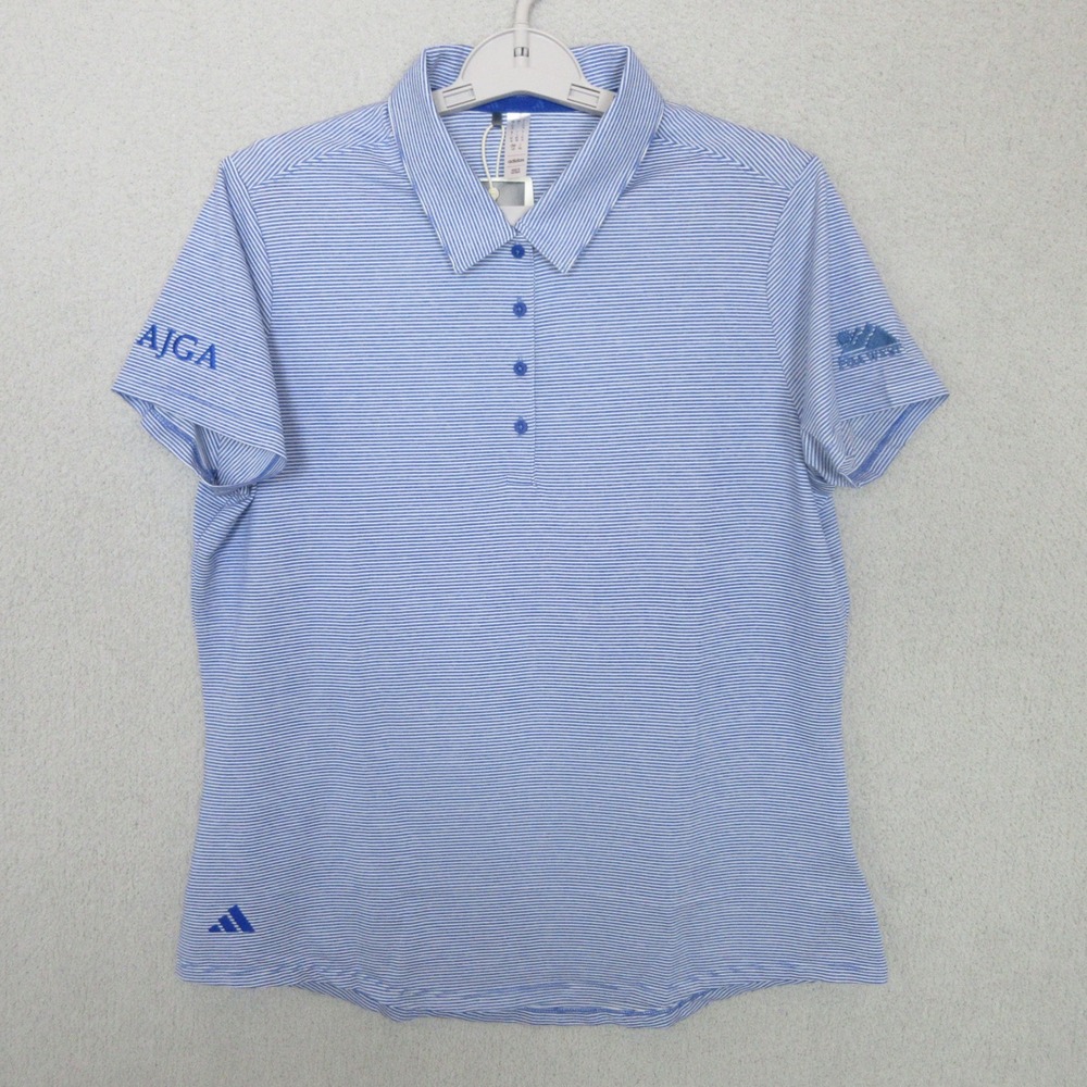 Adidas Golf Polo Shirt Womens Large Blue White Striped Performance Short Sleeve